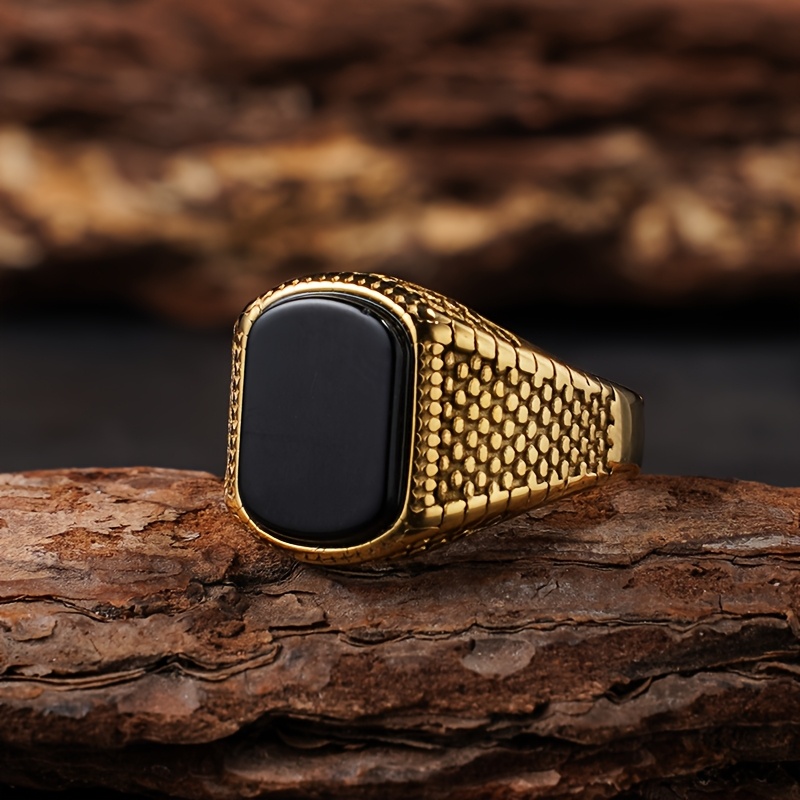 Vintage Stainless Steel Ring with Tiger'S Eye Stone Red Onyx Golden Plating